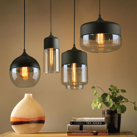 4 Pezzi Lampada da Soffitto Moderna Lampada a Sospensione Sferica in Ferro e Vetro Nero Base a Sospensione a Lampadina E27
