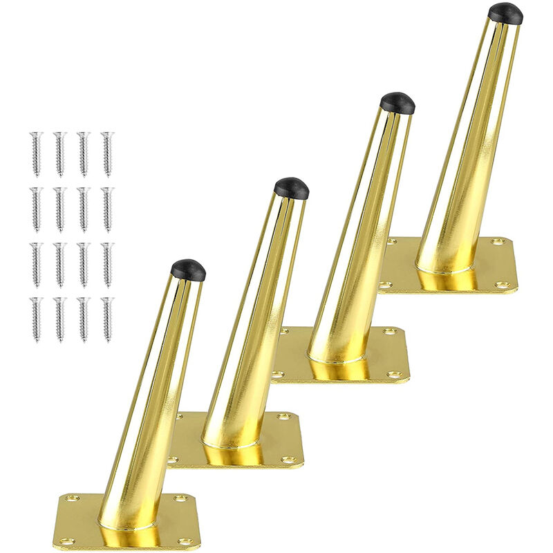 Image of 4 Pezzi Piedini per Mobili in Metallo Gambe per Tavolo Cono Inclinati con Base in Gomma Antiscivolo Oro - 15cm