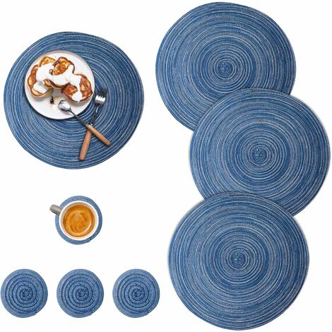 4 pezzi Tovagliette rotonde in cotone lavabile Tovagliette rotonde lavabili con sottobicchieri 4 pezzi adatte per cucina, tavolo da pranzo, decorazioni diverse (blu)