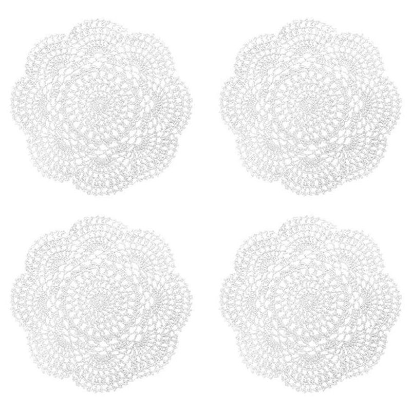 4 pièces 8,6 pouces napperons crochet rond dentelle napperon napperons faits à la main coton crocheté dessous de verre (blanc)