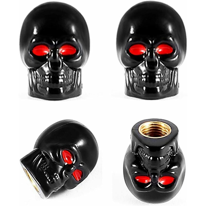 4 Pièces Capuchon de Valve Crâne Chrome Tire Capsules Accessoires De Voiture Bouchons de Valve pour Voiture SUV Camion Moto Vélo (Crâne Noir)