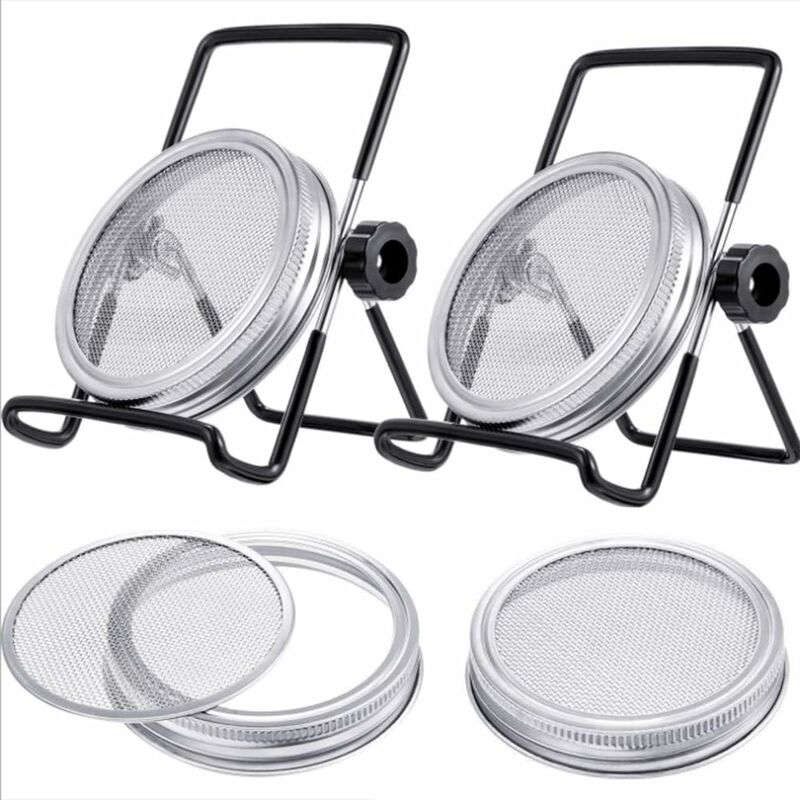 Irisfr - 4 Pièces Couvercles Germination Acier Inoxydable Couvercles de Bocaux Germoirs pour Pot Large Bouche avec 2 Supporte de Germination (86mm)