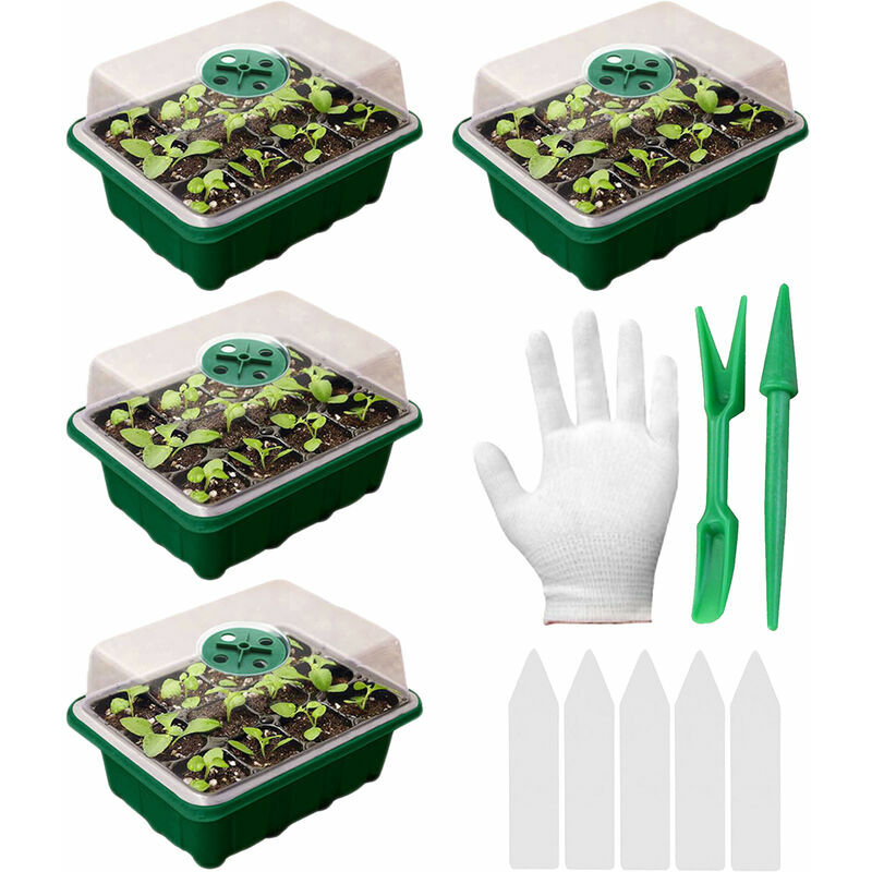 4 pièces plateaux de semences avec couvercle semis plateau de démarrage avec gants outil de repiquage 5 pièces étiquette kit de germination des
