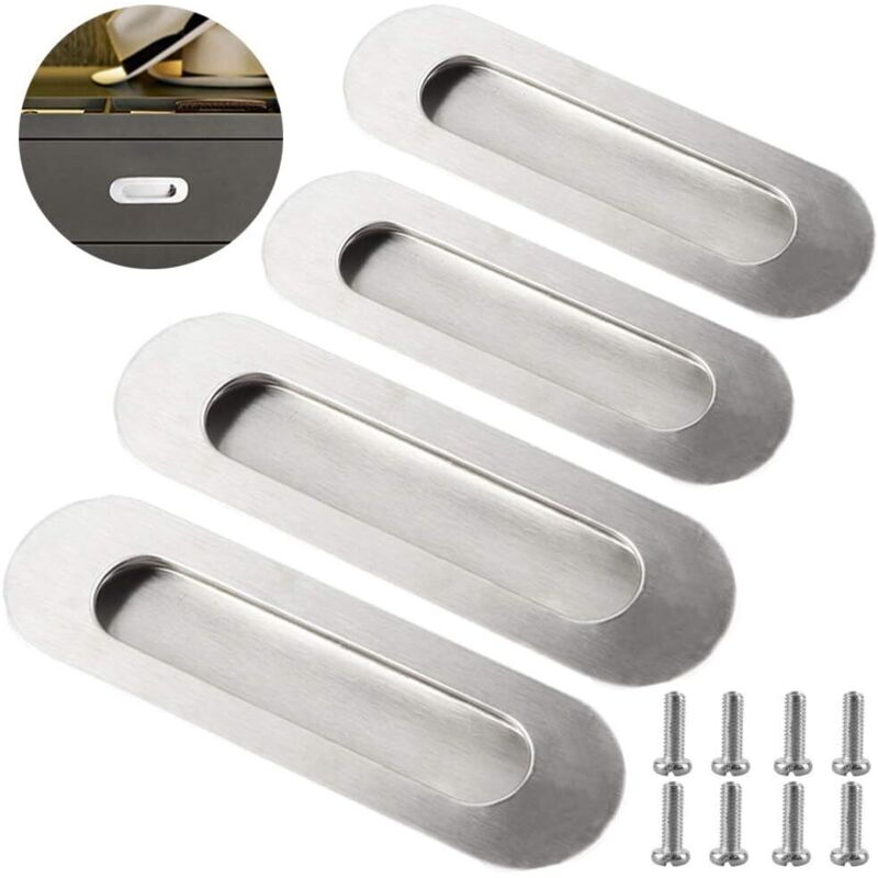 4 Pièces Poignées de Porte Coulissantes Poignée Ovale Encastrées Acier Inoxydable Poignée Cachée métal brossé Antirouille, pour Tiroirs, Armoires,
