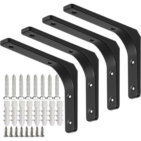 4 Pices querre tagre de Fixation Noir, Supports D'tagre Murale, querre Murale en Forme de L avec Vis et Ancrages Assortis, Capacit de Charge Maximale de 70kg (150 x 200 mm)