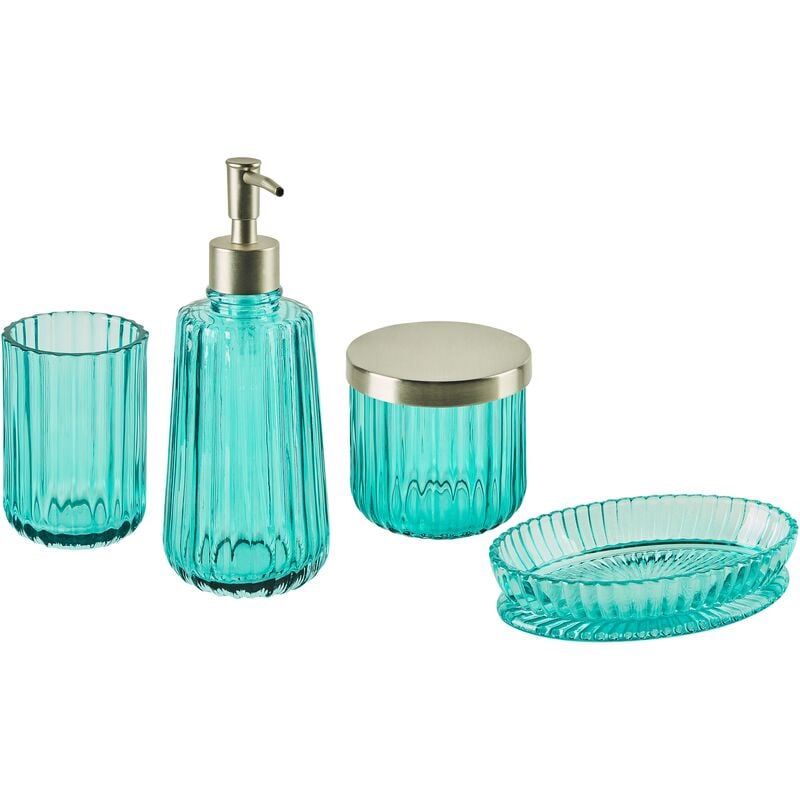 4-Piece Bathroom Accessories Set Glass Glamour Style Blue Tecate - Blue
