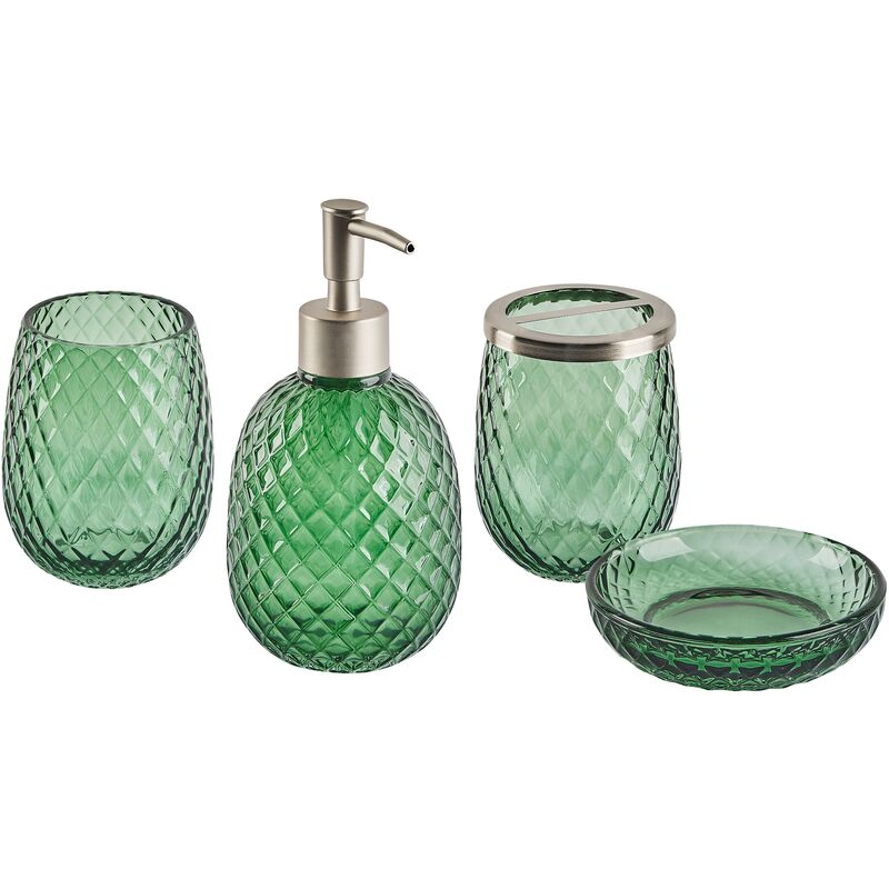 4-Piece Bathroom Accessories Set Glass Glamour Style Green Canoa - Green