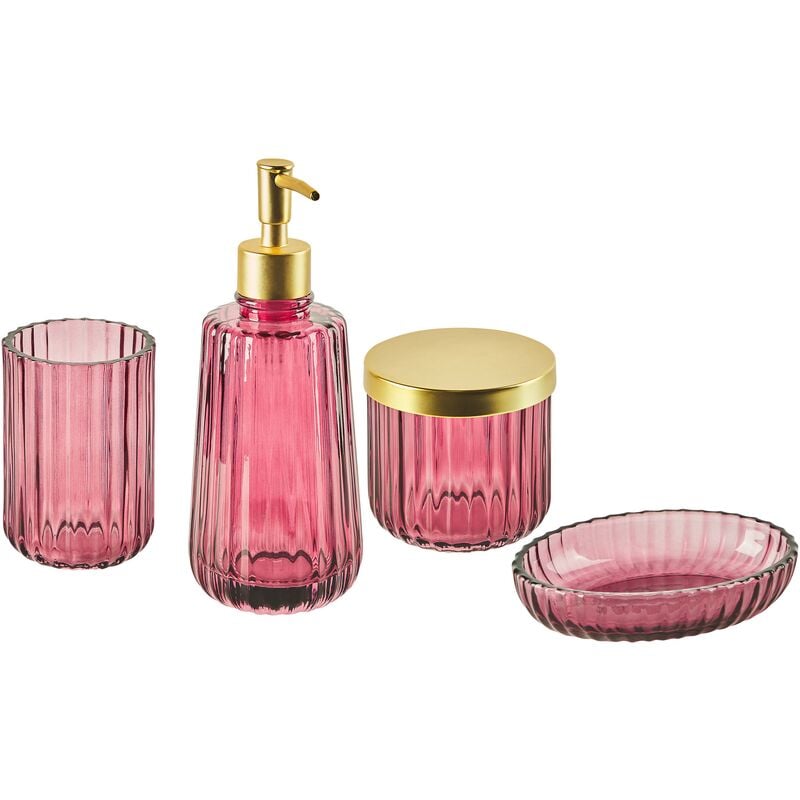 4-Piece Bathroom Accessories Set Glass Glamour Style Pink Cardena - Pink