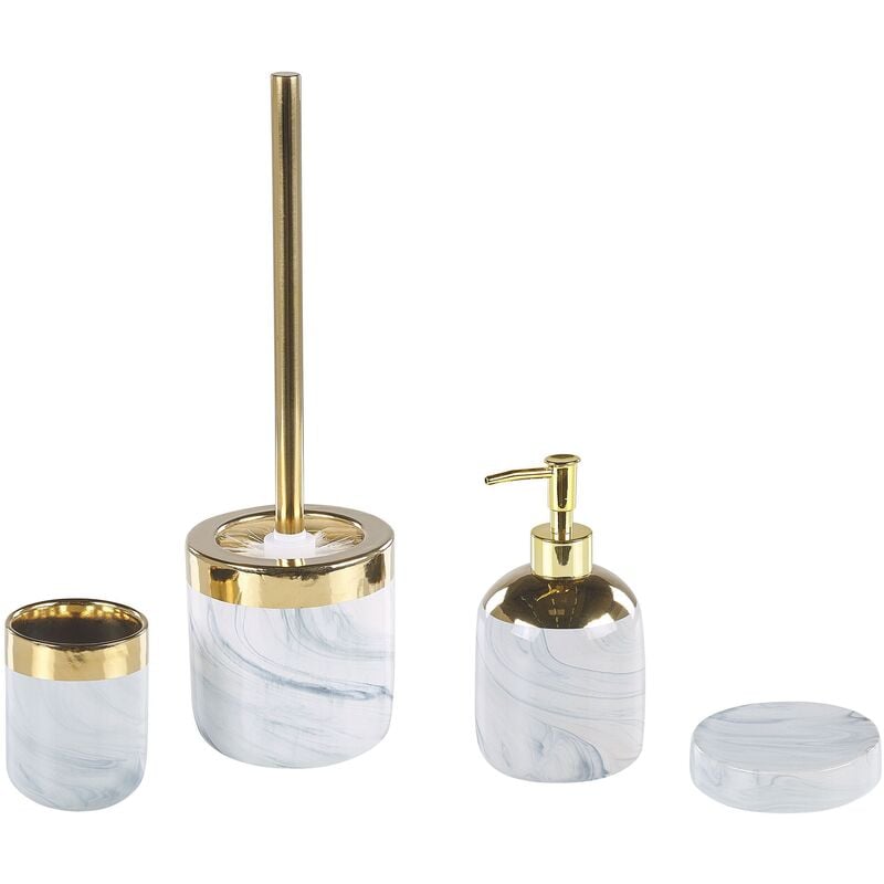 Bathroom Accessories Set White Gold Ceramic Soap Dispenser Toilet Brush Huncal - White