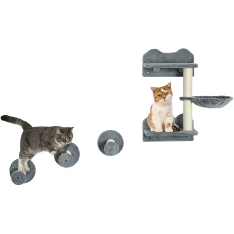 4 Piece Cat Shelf with Scratching Post, Wall-Mounted Cat Tree for Indoor Cat - Grey