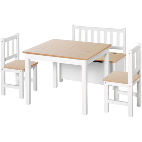 4-Piece Kids Table and Chair Set with 2 Wooden Chairs, 1 Storage Bench, and Interesting Modern Design, Beige/White