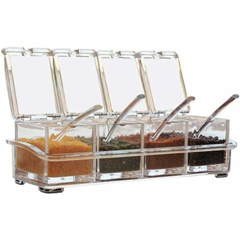 4 Piece Kitchen Clear Acrylic Condiment Box Four in One Spice Jars with Spoons and Condiment Containers, Cooking Utensils