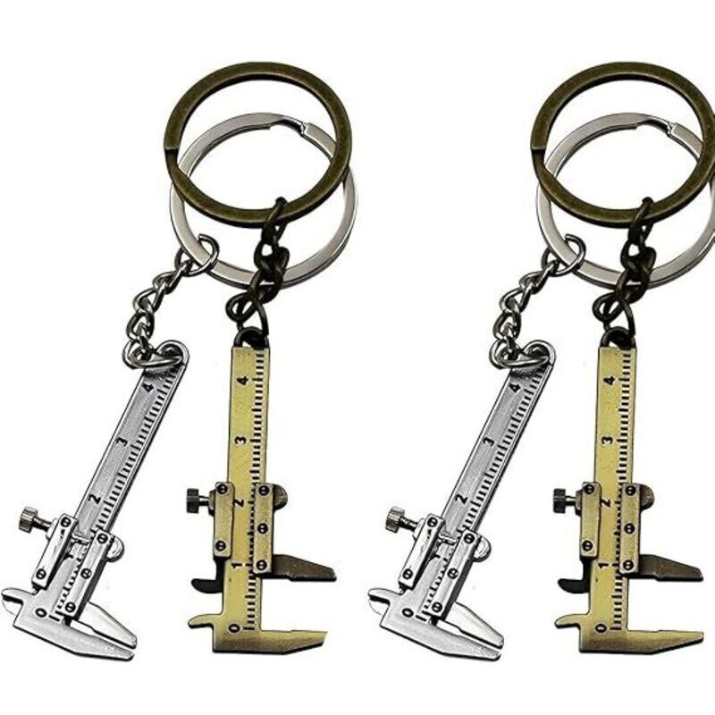 4-Piece Mini Portable Caliper Keychain Measuring Gauge Tools Keychain Simulation Style Model Vernier Caliper Ruler (Silver and Bronze)
