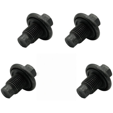 4-piece oil drain plug set with M14x1.5 gaskets, screw-on carbon steel plug with rim, grooved oil drain plug with cap