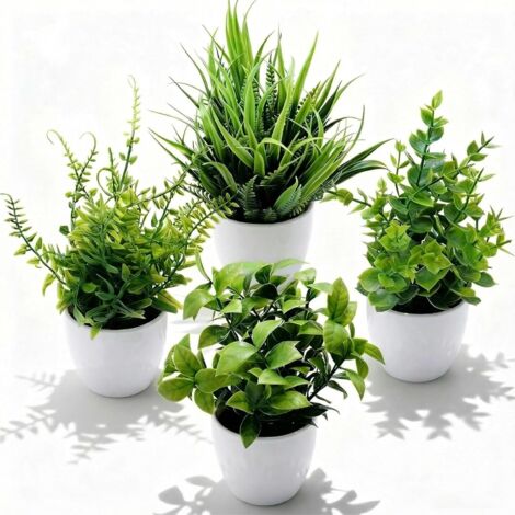 4 Pièce Petite Plante Artificielle Interieur, Plastique Faux Plantes, Pot Verdure Artificielle en Plastique, Adaptées à la Décoration de la Cuisine, de la Chambre à Coucher, Blancs (Blanc)