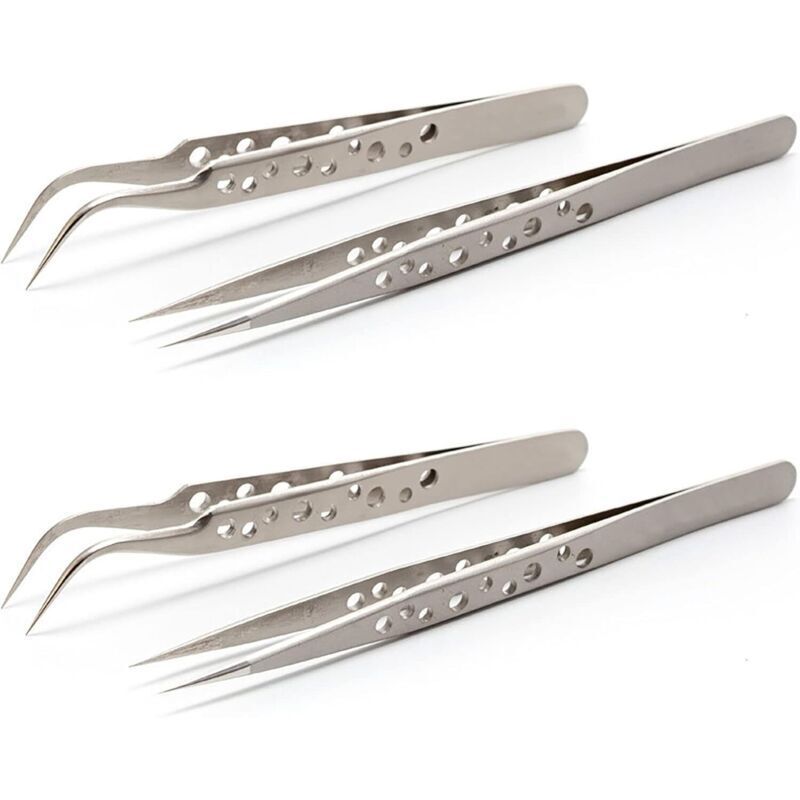4-piece Precision Tweezers Set, 2 Straight and 2 Curved Tips, Electronic Tweezers, Anti-static, Stainless Steel, for Repair and DIY