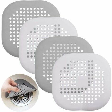 4-Piece Silicone Drain Protector with Suction Cup, Shower Drain Strainer Hair Catcher Tub Drain Cover for Kitchen Bathroom - White, Gray