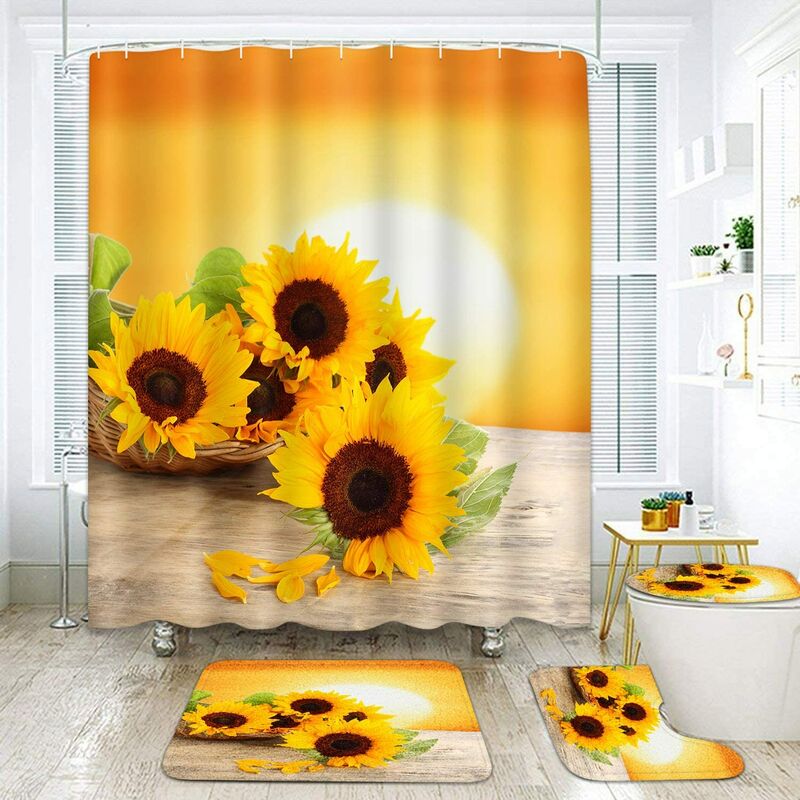 4 Piece Sunflower Shower Curtain Sets Gold Sunshine Plant Wild Yellow Flower Bathroom Sets with Non Slip Rug, Toilet Lid Cover, Bath Mat and 12 Hooks