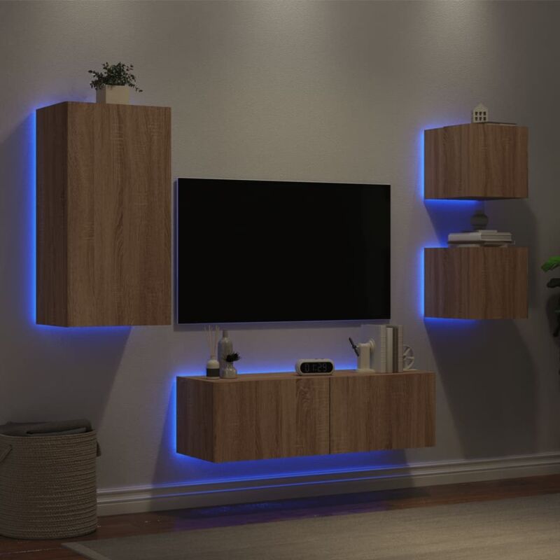4 Piece Tv Wall Cabinets With Led Lights Sonoma Oak Vidaxl
