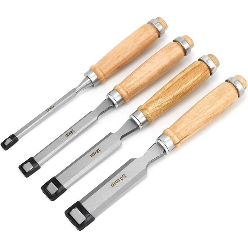4-Piece Wood Chisel Set (6, 12, 19, 24mm) with Ergonomic Handle and Impact Cap - For Beginners and Professionals