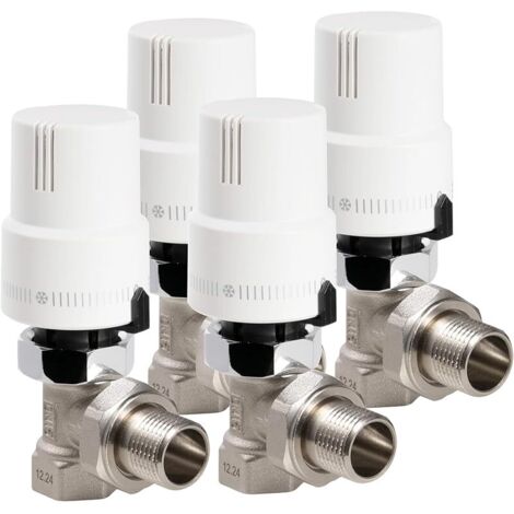 4 Pièces 1/2 "(15×21) Robinet Thermostatique, Raccord Fileté, Régulateur de Radiateur, Coude en Équerre, Blanc, Sonde Liquide, Protection Anti-Gel, Norme EN215