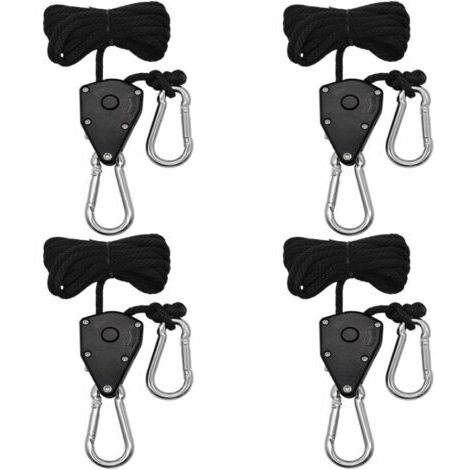 4 Pièces 1/8" Corde à Cliquet avec Crochet 2m Corde de Crochet Réglable Sangle Cliquet Corde pour Lampe à Suspension Plantes Growth,150 LB par Paire(Noir)