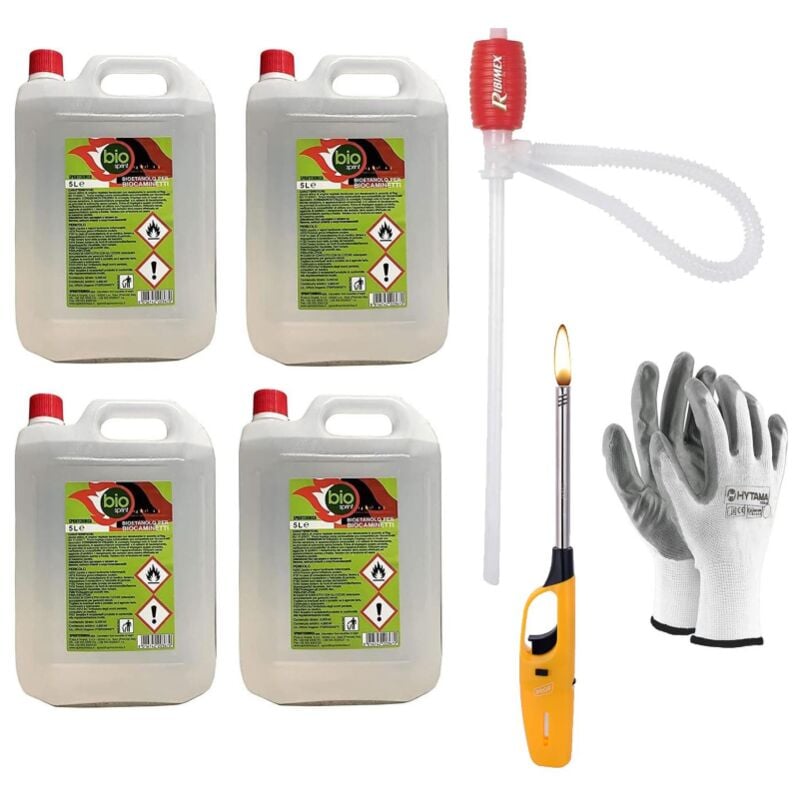 4 pie'ces - 20 litres - Bioe'thanol combustible poeles Bio Sprint 5 litres 99,9 % inodore sans fume'e naturelle sans soufre + pompe manuelle + allume