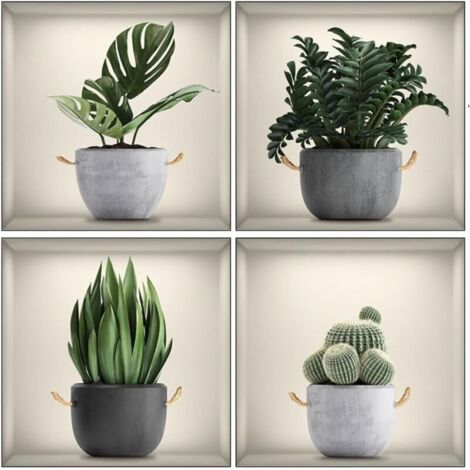 4 pièces 30 x 30 cm stickers muraux Plantes vertes en pot Fleurs Vases - Décoration murale autocollante 3D avec et feuilles - Tableau mural moderne chambre à coucher, salon, bureau, cuisine