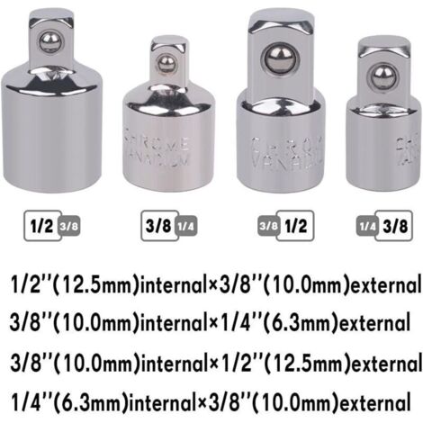 4 Pièces Adaptateurs de Cliquet pour Douilles : 1/2″ vers 3/8″, 3/8″ vers 1/2″, 1/4″ vers 3/8″, 3/8″ vers 1/4″