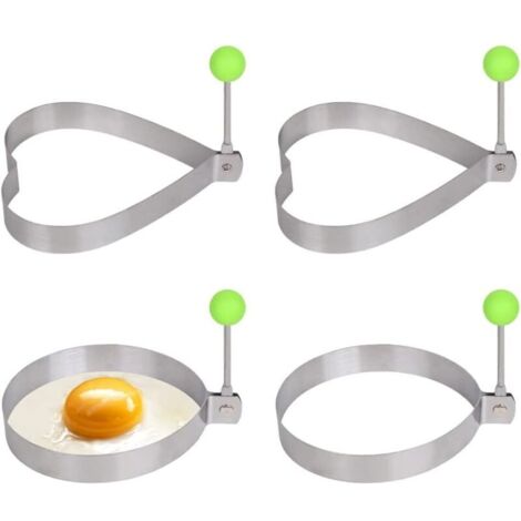 4 Pièces Anneaux à Oeufs en Acier Inoxydable Avec Poignée Anti-chaleur Anneaux à Oeufs Ronds et en Forme de Coeur Moules à Oeufs Frits Antiadhésifs pour la Friture, les crêpes