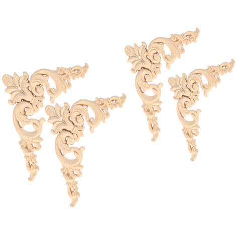 4 pièces applique en bois de caoutchouc sculpté motif fleur pour meuble, 12x12 cm, non peint