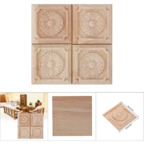 4 Pièces Applique Sculptée à Motif Damier pour Décor de Meubles à Peindre