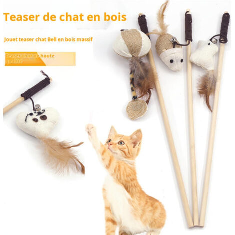 4 pièces, bâton de taquinerie de chat de poteau en bois de souris de lin, bâton de taquinerie de chat interactif tenu dans la main
