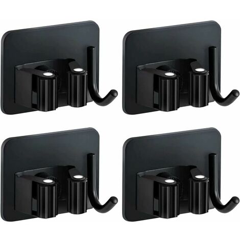 4 Pieces Broom Holder, Self Adhesive Wall Mounted Broom Holder Without Drilling, Mop Holder with Hooks for Kitchen Bathroom Garden (Black)