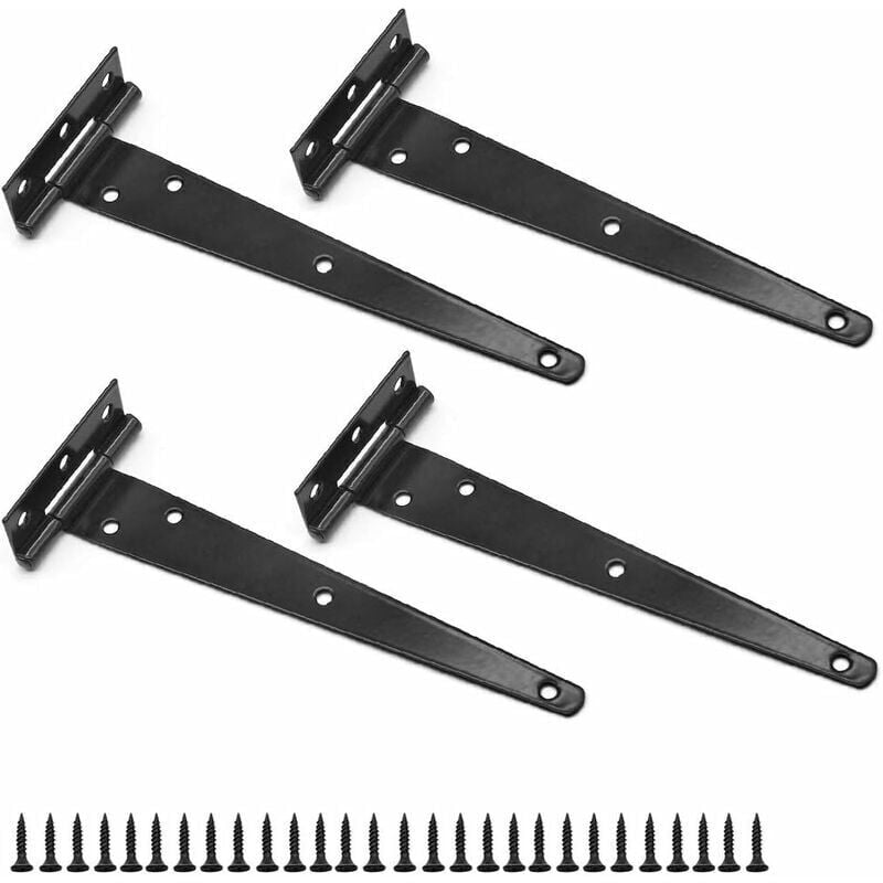 SNQ - 4 Pièces Charnières en t 8 Pouces Noir Porte Charnières Métallique Charnières Robustes Charnières de Porte de Grange avec 28 Vis pour les