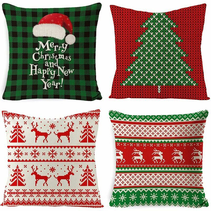 4 Pieces Christmas Pillow Case Cotton Linen Cushion Cover Cute Cartoon Xmas Pillow Decoration Sofa Car 45X45cm (Pillow Core Not Included)C