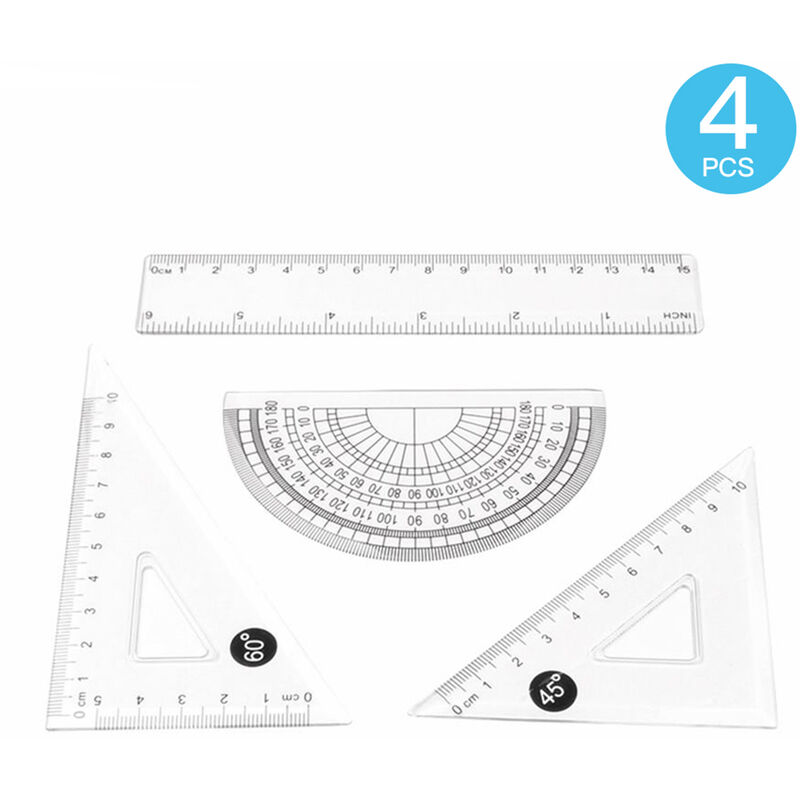4 Pieces Clear Plastic Math Geometry Tool Ruler Set Includes 6-Inch Straight Ruler & 2pcs Triangle Ruler & Protractor for Office School Student