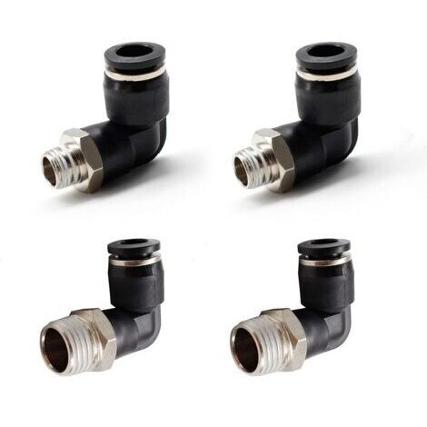 4 Pièces Connecteurs Pneumatiques, Deux Modèles Différents (6MM × 1/4" et 8MM × 1/8") Raccords Rapides à Filetage Mâle, Noir Coude Pneumatique Connecteur, Convient aux Outils de Bricolage-