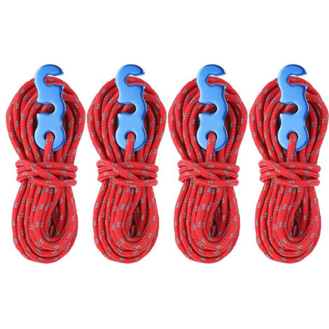 4 Pièces Corde de Tente Réfléchissante avec Mousqueton et Boucle en S pour Camping (Rouge)