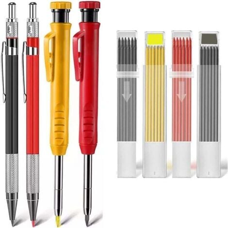 4 Pièces Crayons de Charpentier Mécaniques avec Taille-Crayon Intégré et 40 Recharge, Crayons de Menuiserie à Trous Profonds Solides pour le chantier，de menuiserie pour construction，OUYLAF