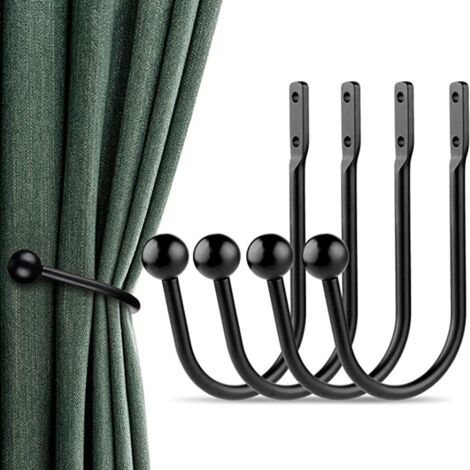 4 Pieces Curtain Drapery Holdbacks Decorative Window Hooks Curtain Tiebacks Metal Curtain Holdback Hooks for Heavy and Light Curtain Hooks Hook - Black