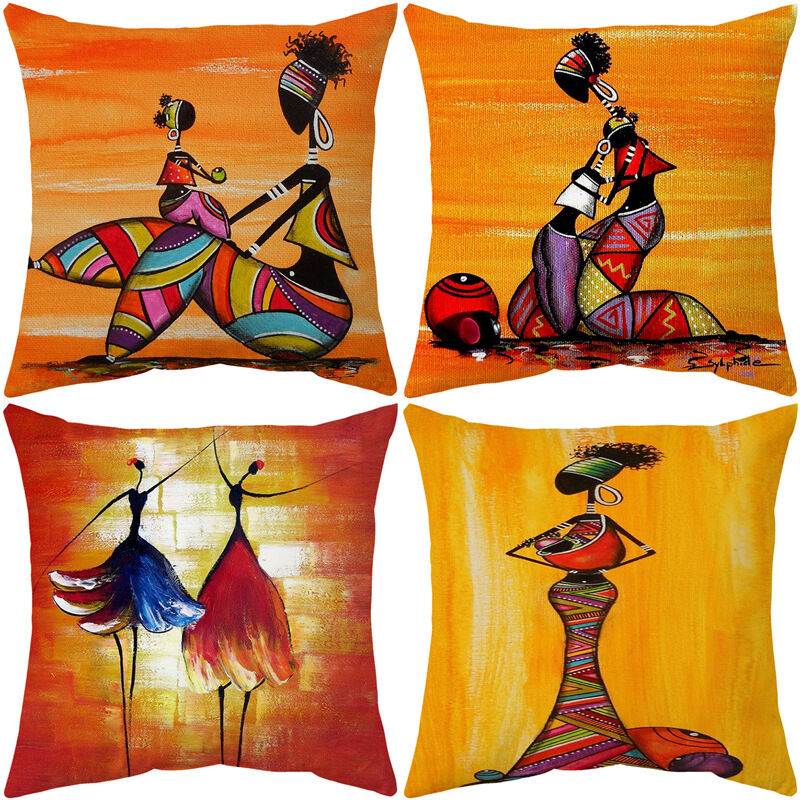 Xinuy - 4 Pieces Cushion Cover 45 X 45 Cm Ethnic African Women Pillowcase African Culture Cushion Cover For Sofa Home Shop Bar Decoration