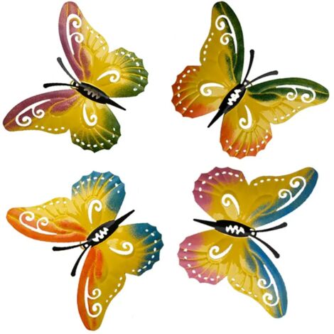 4 pièces de décoration florale en métal avec des fleurs, adaptées du jardin, sur la terrasse, du jardin, décoration papillon, pot floral (papillon fleurs)