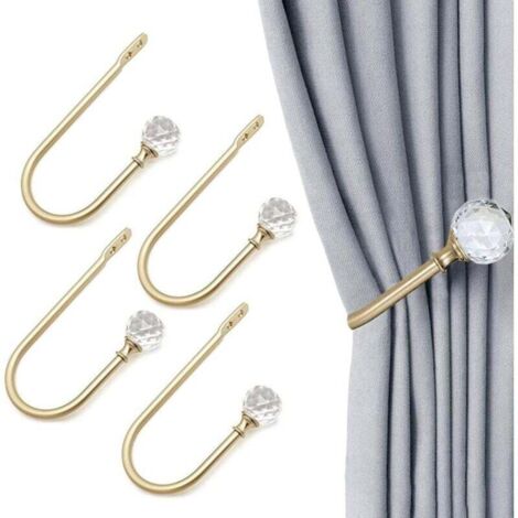 4 pièces de rideaux en forme de U avec boules de cristal transparentes pour décoration murale, Doré
