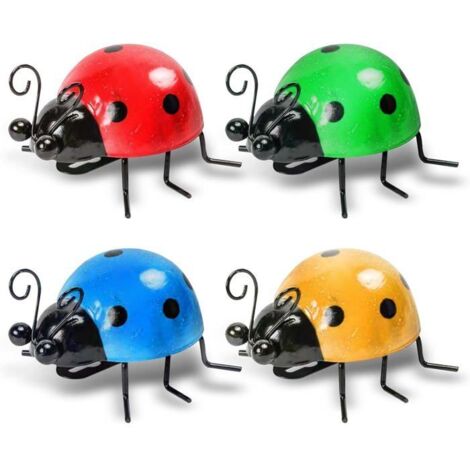 4 pièces – Décoration murale en métal rouge, jaune, bleu et vert en forme de coccinelles – Idéal pour égayer jardin, balcon, terrass