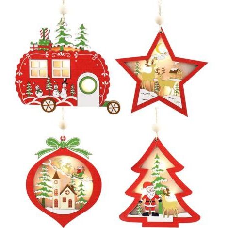 4 Pièces Decoration Noel Bois, LED Lumiere Noel Décoration Noel, Decoration Sapin Noel Bois Lumineux, Decoration de Noel Sapin Intérieur, Decoration Boule de Noel Sapin