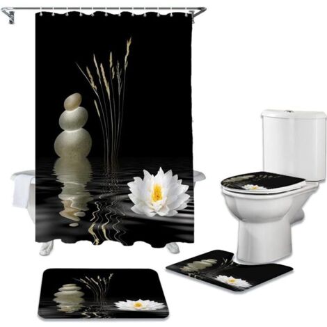4 pièces Ensemble de Rideaux de Douche Zen Stones Blanc Lotus Noir Rideaux de Douche Imperméable Rideau de Salle de Bain Couverture de Toilette Tapis Tapis Antidérapant 180x180cm