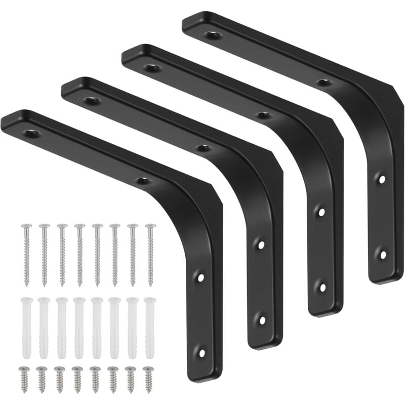 4 Pièces Équerre Étagère de Fixation Noir, Supports D'étagère Murale, Équerre Murale en Forme de L avec Vis et Ancrages Assortis, Capacité de Charge