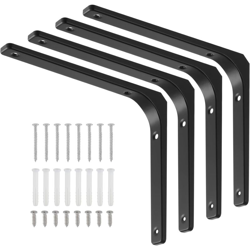 4 Pièces Équerre Étagère de Fixation Noir, Supports D'étagère Murale, Équerre Murale en Forme de L avec Vis et Ancrages Assortis, Capacité de Charge