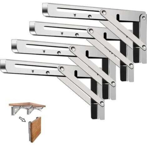 4 Pièces Équerre Pliante 25cm,Support Console Pliable,Supports D' étagères Pliants Charge,Equerre Etagere,Lourds Support Console Pliable Rétractable Murale en Acier Inoxydable pour Garage,Cuisine